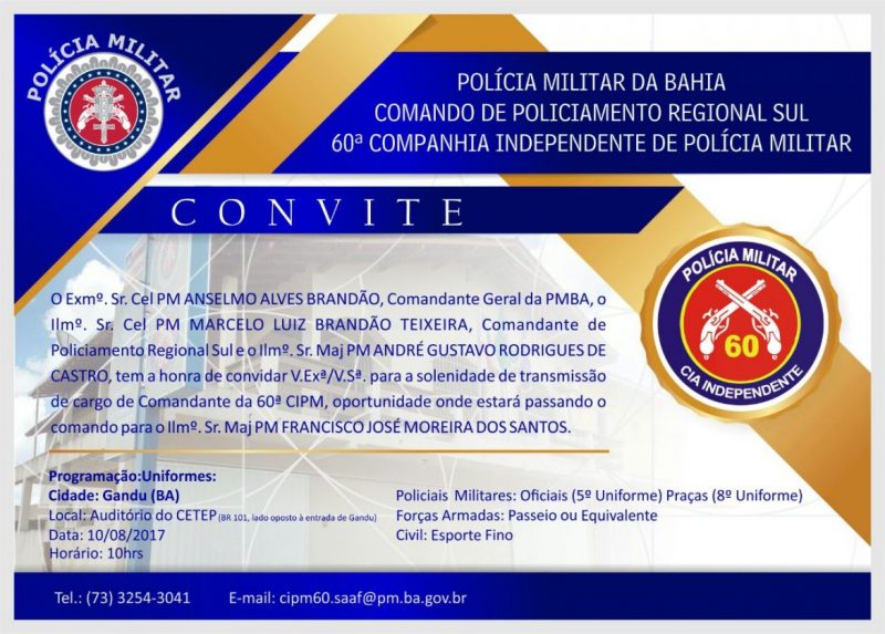 CONVITE - Cerimônia de passagem de comando - 60ª CIPM/Gandu