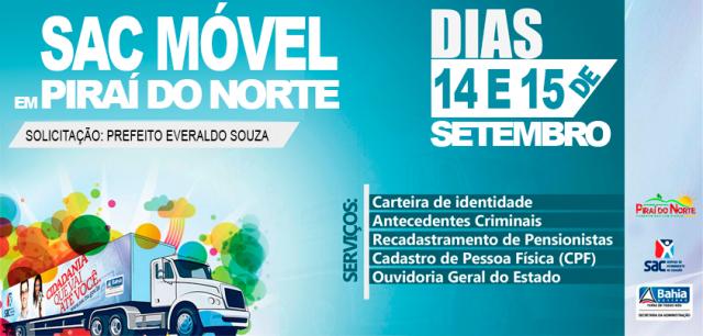 Piraí do Norte: SAC Móvel estará no município nos dias 14 e 15 de setembro