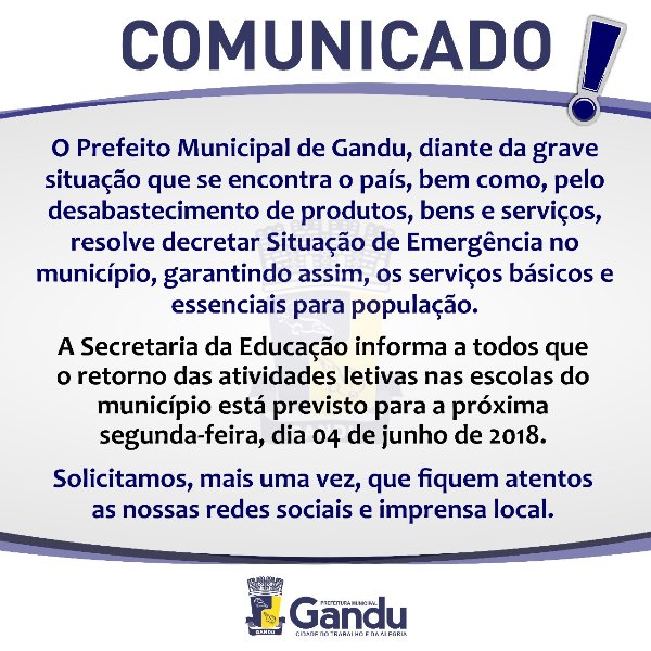 Prefeitura de Gandu mantém a suspensão das aulas para esta quarta-feira(30) e decreta Situação de Emergência