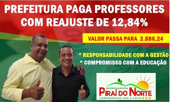 Prefeitura de Piraí do Norte paga professores com reajuste de 12,84%