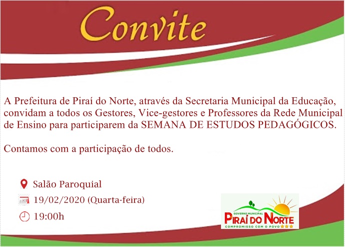Convite: Jornada Pedagógica 2020 de 19 a 21 de fevereiro em Piraí do Norte