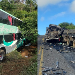 Acidente envolvendo carreta e ônibus deixa um morto e vários feridos na BA-026, entre Maracás e Planaltino