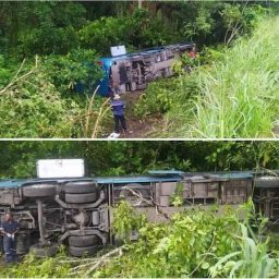 Ônibus tomba na BR-101, entre Itabuna e Buerarema, e deixa 13 pessoas feridas