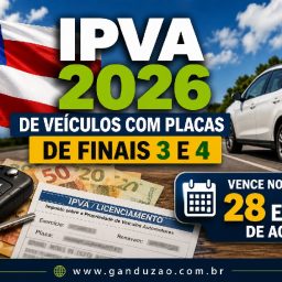 IPVA 2026 de veículos com placas de finais 3 e 4 vence nos dias 28 e 31 de agosto
