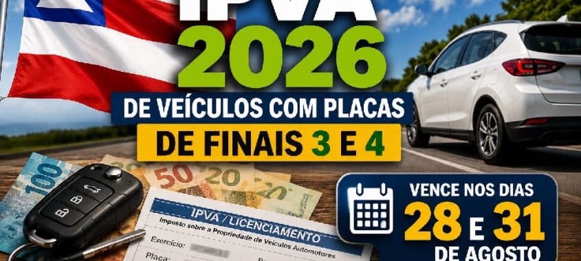 IPVA 2026 de veículos com placas de finais 3 e 4 vence nos dias 28 e 31 de agosto